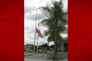 Flags flying at half-staff at Hale Kaulike, Hilo's courthouse. File photo.