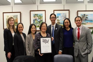 U.S. Senator Mazie K. Hirono accepting the Teach For America Congressional Champion Award from (left to right) Kelly Broughan, Meilan Akaka Manfre, Jill Baldemor, Trever Asam, Lindsey Bailey, and Dane Carlson. Courtesy photo.