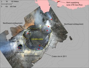 This map shows the configuration of Puʻu ʻŌʻō's current crater (outlined in yellow) and vents (marked in red). The base image is a mosaic created from photographs captured during a helicopter overflight on January 19, 2016. HVO image.