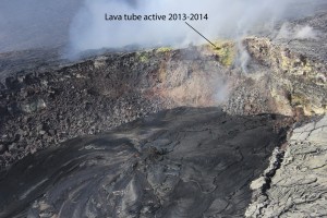 This photo, also of the northeast embayment at Puʻu ʻŌʻō, is interesting because it shows the lava tube for the Kahaualeʻa 2 flow, active during 2013 and 2014, exposed high on the crater wall. HVO photo, taken on Feb. 24.