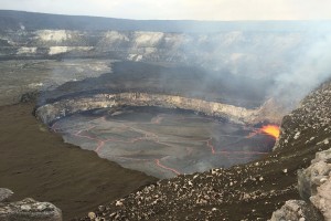 Kīlauea Volcano's summit eruption began on March 19, 2008, and continues today. The lava lake is contained within the Overlook crater, which is set within the larger Halema‘uma‘u Crater. In this February 28, 2016, photo, the lava lake surface was just 30 m (100 ft) below the rim of the Overlook crater. Spattering is visible in the southeast portion of the lake. USGS photo. 