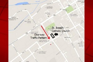 This modified Google Maps image shows the Christmas traffic pattern near St. Joseph Catholic Church (click to enlarge).