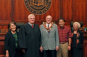  From left to right: Jackie Young, Vice Chair; Chief Justice Mark Recktenwald; Richard A. Dubanoski, Ph.D.; James A. Kawachika, Chair; Patricia Kim Park. Hawai'i State Judiciary photo.