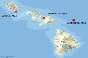 Red dots show updated locations and magnitudes of three earthquakes that occurred on or around the Islands of O‘ahu and Maui in late March and early April 2016, as revised by seismologists at the U.S. Geological Survey’s Hawaiian Volcano Observatory. The blue dots on and near the Island of Hawai‘i show the locations of small (most were less than magnitude-3) earthquakes that occurred between March 28 and April 14, 2016. USGS map.