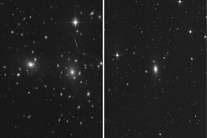 Comparison of the central portions of the sparse NGC 1600 galaxy group (right) with the dense Coma Cluster (left) which is at least 10 times more massive than the NGC 1600 group. The two closest companion galaxies of NGC 1600 (NGC 1601 and NGC 1603), are nearly 8 times fainter than NGC 1600 (center of right image). The Coma Cluster contains over 1,000 known galaxies. Both images are from the Second Palomar Observatory Sky Survey.
