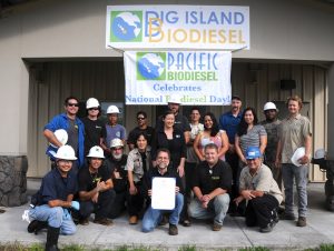 Members of the crew and staff of Big Island Biodiesel and Pacific Biodiesel met Governor David Ige and State Director of Transportation Ford Fuchigami just prior to National Biodiesel Day in 2015. Pacific Biodiesel file photo.