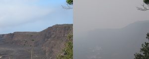 The rim of Kīlauea Volcano's summit caldera, normally clear on trade-wind days (left), became nearly obscured by vog (right) on some non-trade wind days beginning in 2008, when sulfur dioxide emissions from the volcano's summit increased to unusually high levels. USGS photo 2015 file photo.