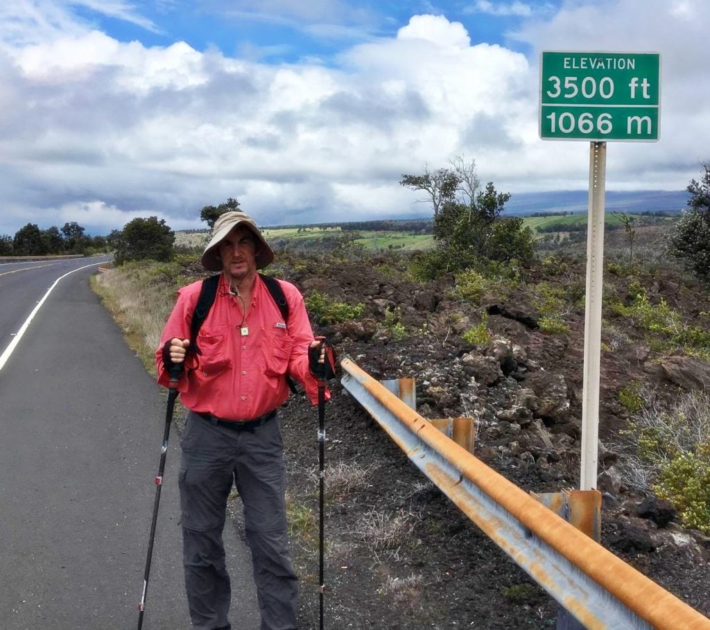 Dr. Kopp on the third day of his fourth walk around the island to raise awareness of unsheltered homelessness on the Big Island. Photo: Jamilia Epping, The Food Basket