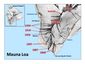 In the past 148 years, lava flows erupted from Mauna Loa’s Southwest Rift Zone have crossed Hawaiʻi Island’s main road (now Highway 11) six times. The years in which these flows were erupted are labeled in red. The location of Hawaiian Ocean View Estates (HOVE) is shown for reference. USGS map.