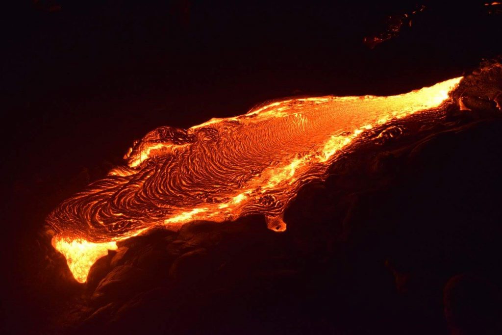 Lava enters the ocean, July 26, 1:15 a.m. Photo courtesy of Kris Burmeister.