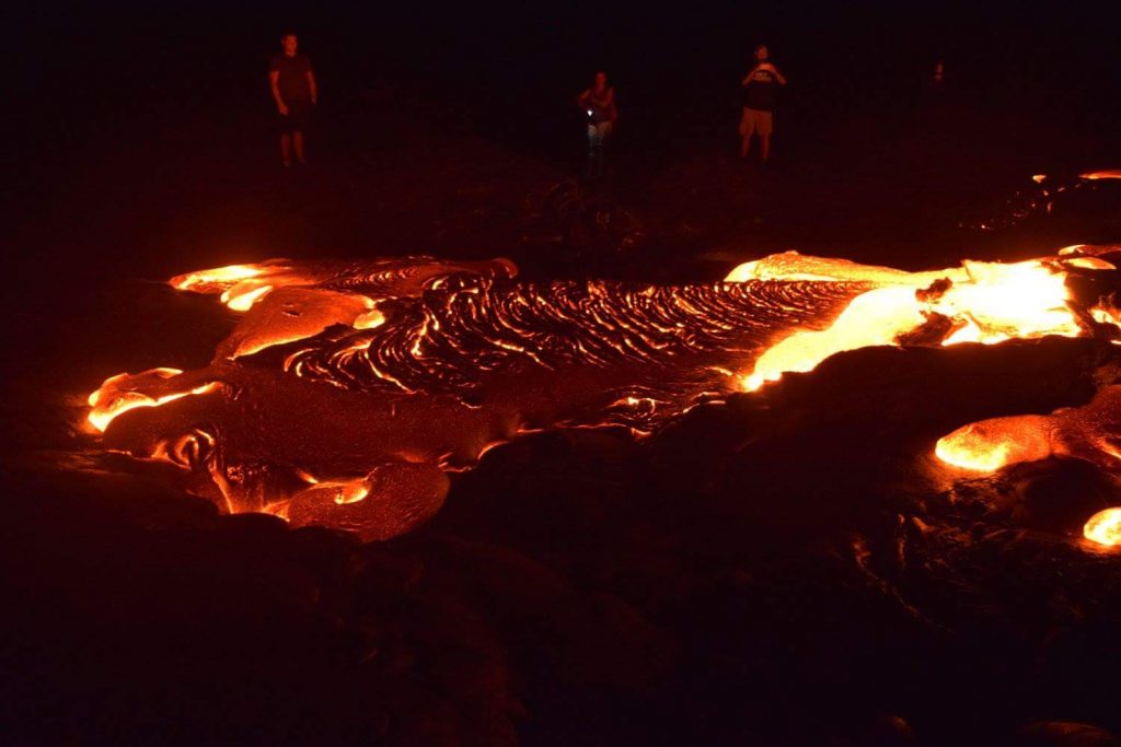 Lava enters the ocean, July 26, 1:15 a.m. Photo courtesy of Kris Burmeister.