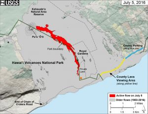 This map of Kīlauea Volcano’s lava flow shows the locations of Hawaiʻi County’s designated lava-viewing and parking areas (http://www.hawaiicounty.gov/lava-viewing/), as well as the lava flow’s location relative to the Hawaiʻi Volcanoes National Park boundary (green line). The full extent of the active lava flow on July 5 is shown in red; an orange dot shows the location of the flow front as of mid-day on July 7. For recent maps and photos of the lava flow, please visit the USGS Hawaiian Volcano Observatory website (http://hvo.wr.usgs.gov). USGS graphic. 