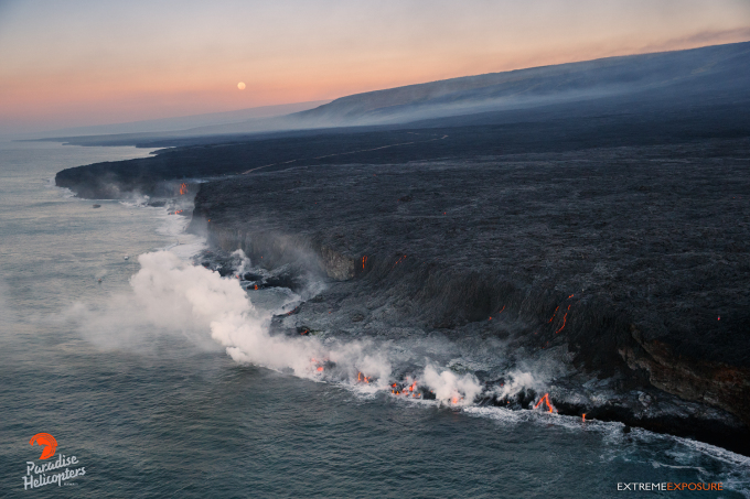 2 The eastern delta continues to grow as multiple fingers of lava enter the sea. Photo: Paradise Helicopters flyover, Thursday, Aug. 18.
