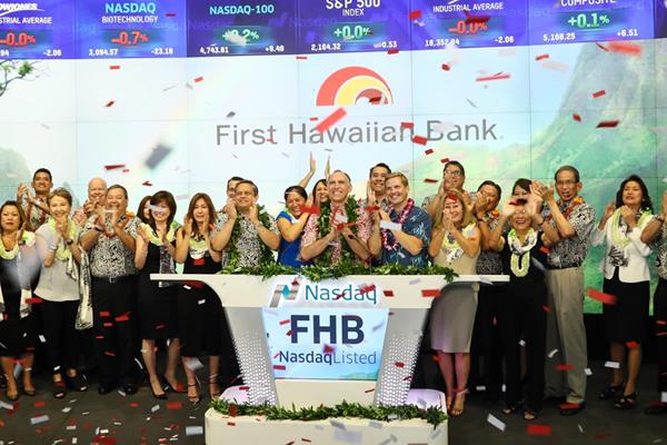 First Hawaiian Bank rings The Nasdaq Stock Market Closing Bell in celebration of its IPO. Courtesy photo.