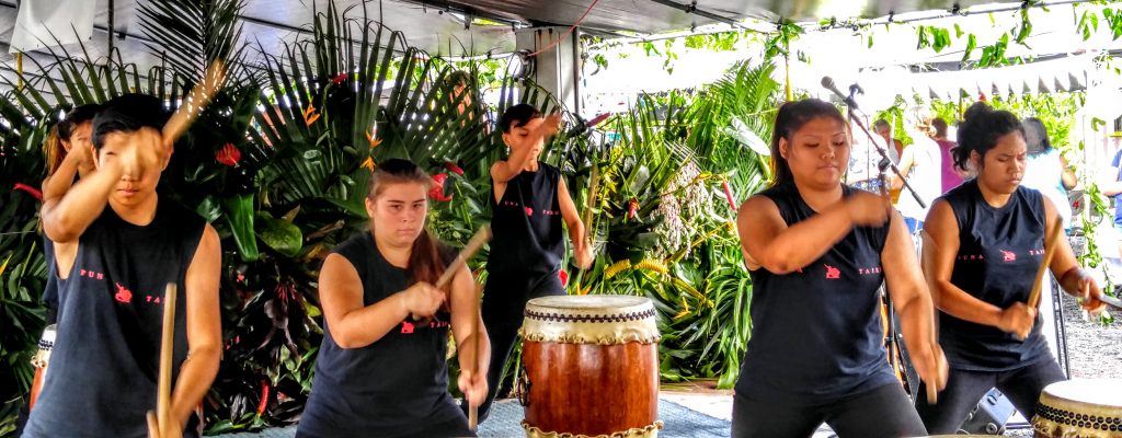 Puna Taiko performing during the Fourth Annual Liliko‘i Festival on Saturday, Oct. 15, at the Maku‘u Farmers Market in Puna. Photo: Crystal Richard.