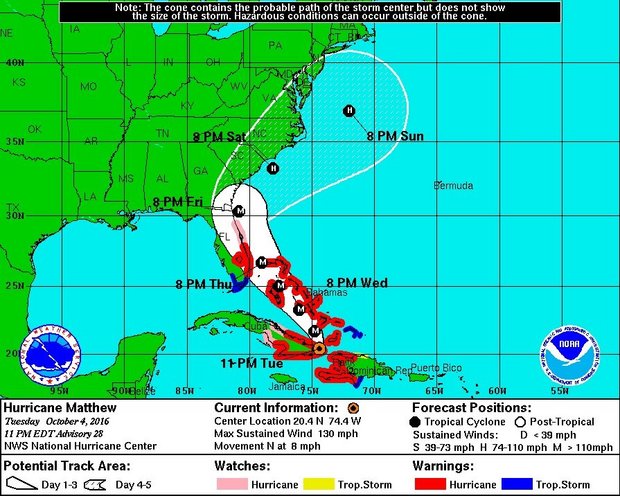Hurricane Matthew made landfall on the coast of Haiti on Tuesday morning, Oct. 4, with 145 mph winds. It made its second landfall just over 12 hours later in eastern Cuba on Tuesday night. Matthew could move very close to the East Coast of Florida later this week, as well as Georgia and the Carolinas. National Hurricane Center image.
