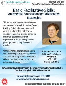UH specialist Donna R. Ching, Ph.D. will host a two-day workshop about basic facilitative skills. Photo Courtesy