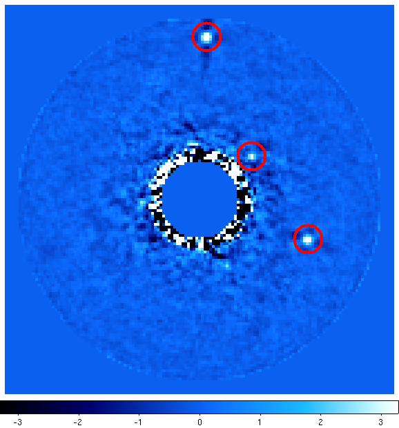 Figure 1: Data from CHARIS instrument during its commissioning observation run shows multiple planets around a star HR 8799. (Credit: CHARIS/Princeton Team and NAOJ)