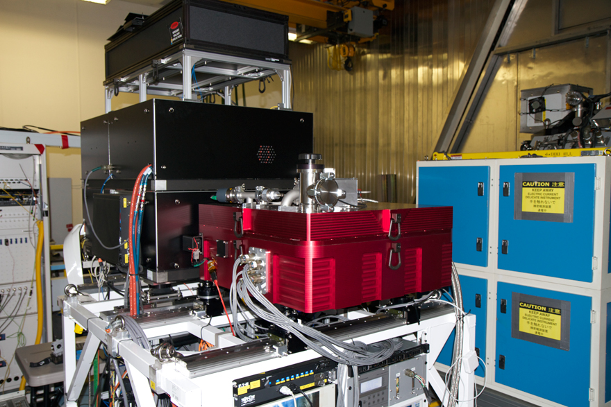 Figure 2: CHARIS (Coronagraphic High Angular Resolution Imaging Spectrograph, the red box) is attached to SCExAO (Subaru Coronagraphic Extreme Adaptive Optics, the black box) at the Nasmyth focus platform of the Subaru Telescope. (Credit: CHARIS/Princeton Team and NAOJ)
