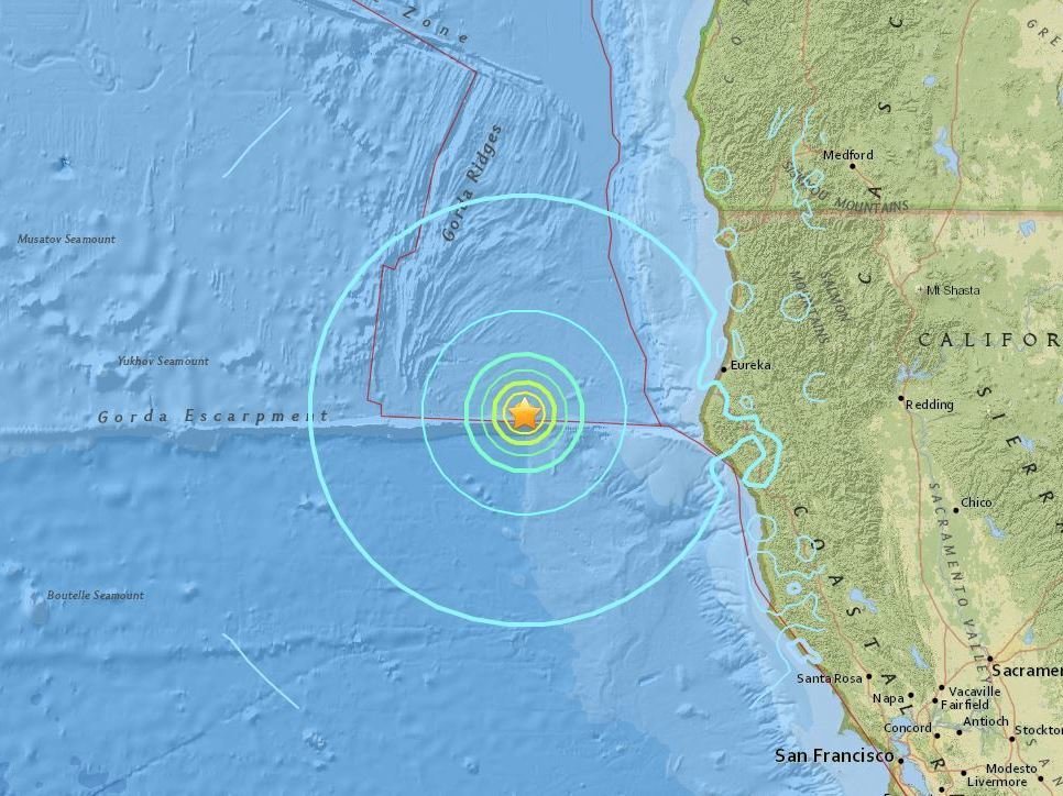 The epicenter of Thursday's earthquake was about 100 miles off the coast of Northern California. USGS National Earthquake Information Center
