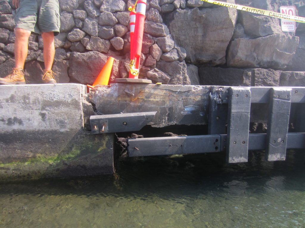 The Honokohau Small Boat Harbor mauka boat ramp loading docks are structurally deteriorated due to spalling of the concrete and corrosion of the steel reinforcement. Courtesy photo.