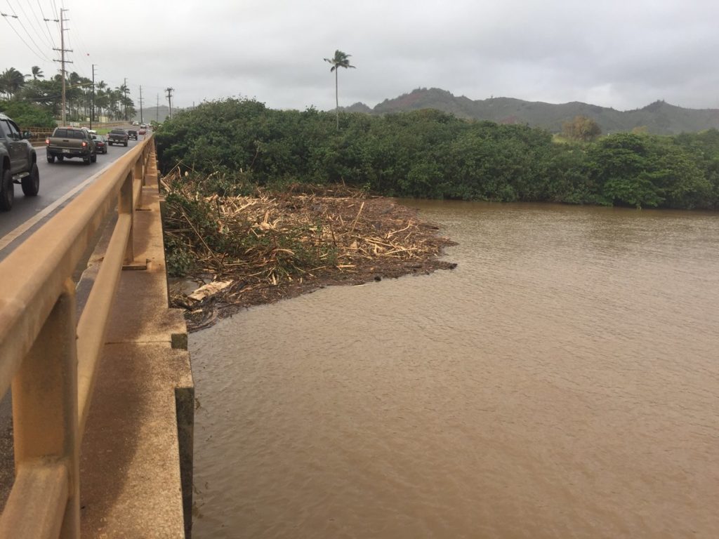 April 16, 2018: Hawaii DOT crews are continuing clean up and inspections after the #kauaiflooding. This picture shows flood debris from Wailua River against the southbound supports of Kuhio Highway. @DOTHawaii