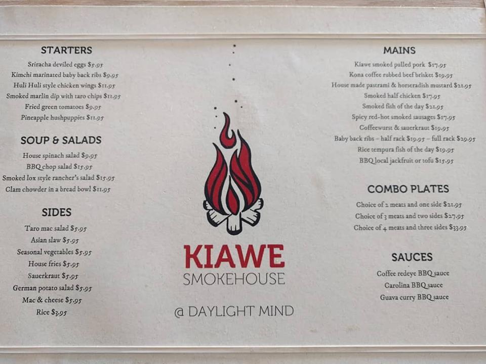 Kiawe Smokehouse @ Daylight Mind menu